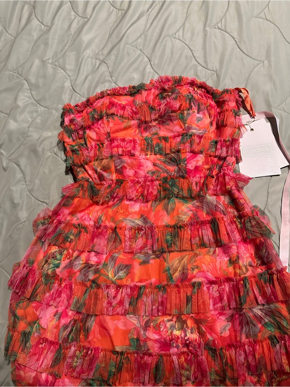 Mac Duggal Strapless Floral Tiered Ruffle Maxi Dress in Coral and Pink - Picture 7 of 16
